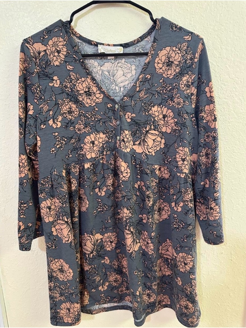 Floral V-Neck Long Sleeve Tunic Top - Slate Blue & Blush Sz L